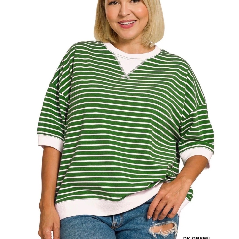 Cotton Zenana Women's Oversized Striped T Shirt Green White Short Sleeve 1X NWOT
